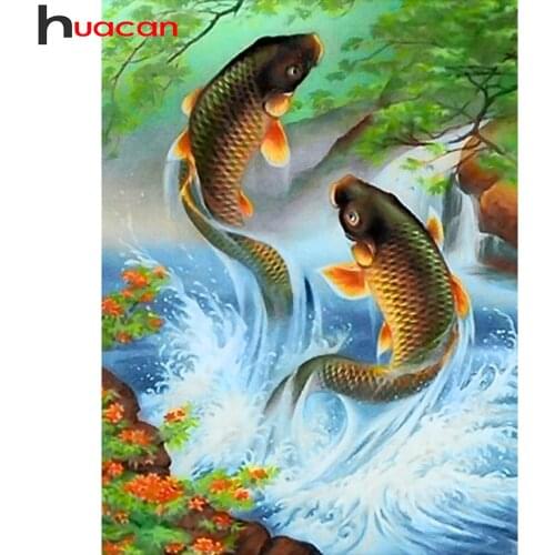 Huacan Diy Diamond Painting Fish River Scenery Embroidery Mosaic Animal Natural Landscape Embroidery Diamond Art