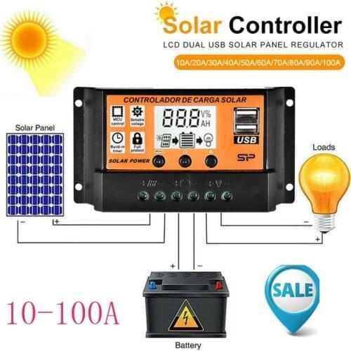 10A/20A/30A/40A/50A/100A Auto Solar Charge Controller LCD Dual USB Solar Panel Regulator Dual USB Voltage Charger 12V24V Power
