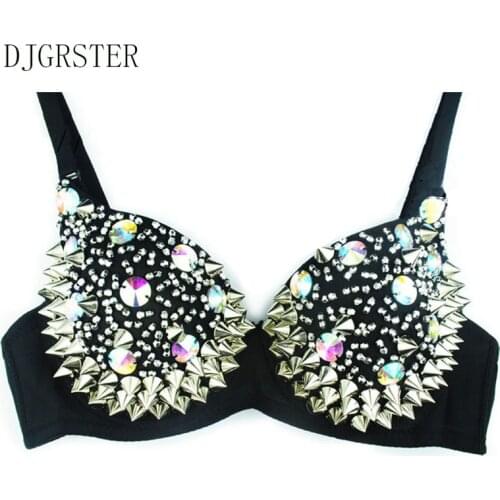 DJGRSTER Hot Bras for Women New Punk Lady Goth Silver Studded Bra crop top Ultrathin Party Spike Rivet Metallic Punk Dance Bra