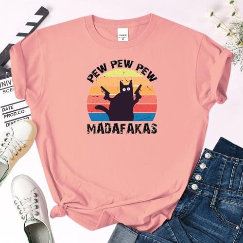 T-Shirts womens pew pew madafakas Cat with gun funny cartoon printing tops women Casual kawaii O-neck tees harajukua Slim Tshirt