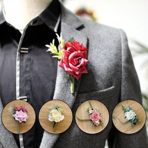 Artificial Rose Boutonniere Flowers Corsage Pin Bridesmaid Bracelet Groom Buttonhole Men Wedding Witness Marriage Accessories