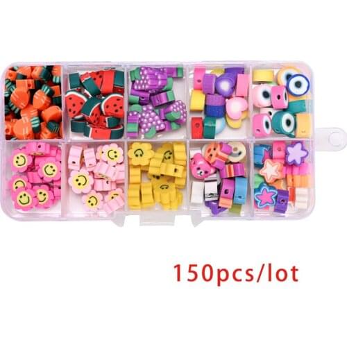 IYOE 150pcs/Set Fruit Animal Polymer Clay Beads Kit Evil Eye Flower Smiley Star Heart Clay Spacer Beads Set For Jewelry Making