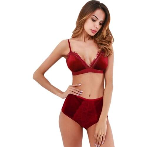 2019 New Sexy Fashion Women Velvet Bralette Underwear High Waist Panties Soft Trim lingerie Set Push Up brassiere Bra set