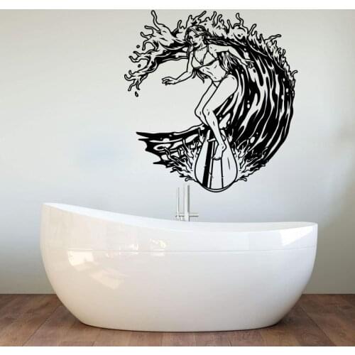 Beautiful Sexy Girl Surfer Riding Wave Wall Sticker Bathroom Surfing Summer Beach Sport Wall Decal Bedroom Vinyl Home Decor