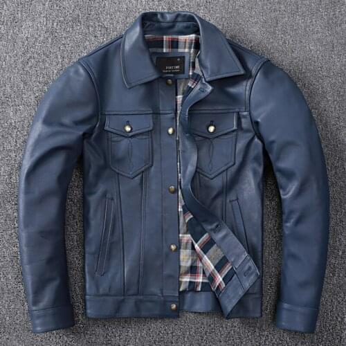 2022 New American Cowhide Leather Blue Jacket for Men Large Size Vintage Warm Motorcycle Jacket Male Autumn Winter Coat