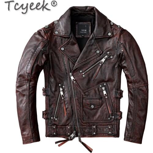 Tcyeek Streetwear Natural Real Cow Leather Coat Men Clothes 2020 Motorcycle 100% Genuine Leather Jacket Man Hommes Veste 1928