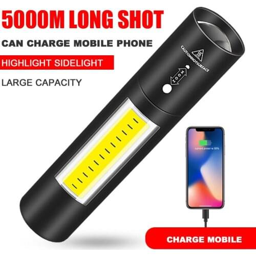 Mini Zoomableb LED Aluminum Flashlight with Side Light Portable Ultra Bright Torch USB Rechargeable Small Lantern for Camping