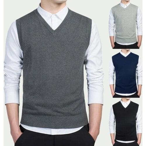 Men Autumn Winter Solid Color Sleeveless V Neck Knitted Sweater Business Vest