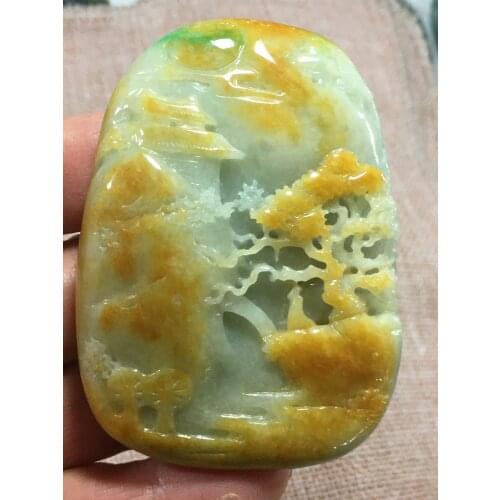 Natural Myanmar jade A HandCarved yellow landscape green jade pendant jade necklace pendants jewelry jade necklaces woman