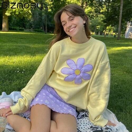 Gizmosy Autumn Winter New Womens Hoodies 2021 Harajuku Flower Embroidery Loose O-Neck Casual Sweatshirt Female Casual Y2K Tops