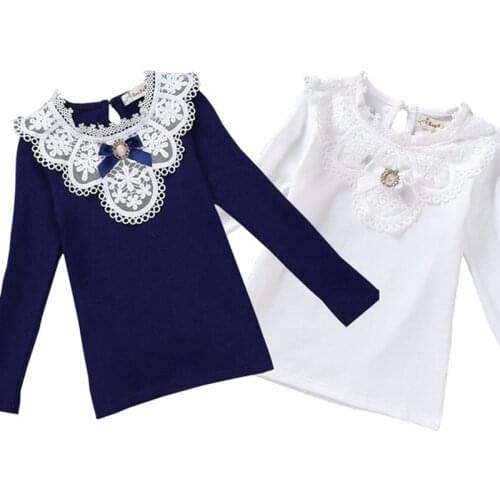 Girls Clothing Long Sleeve Embroidery Lace Trimmings O-neck Shirts with Bow for Children Girl for Spring Girl Shirt Bow