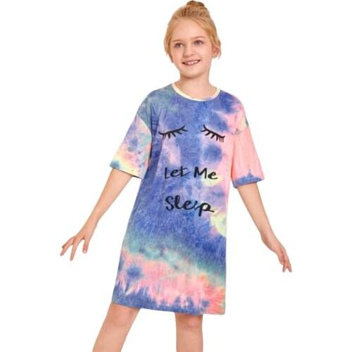 Girl’s Short sleeved Sleeping Dress Summer Fresh Tie-dye Letter Printed Round Neck Home Dress Girls Casual Dresse