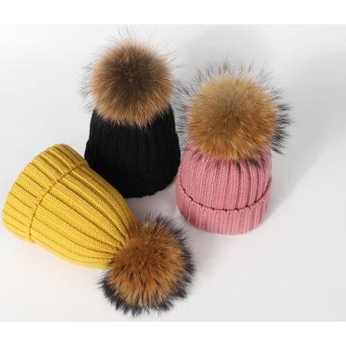 [Rancyword] Winter Hat Women Knitted Beanie Hat Real Raccoon Fur Pompom Hat for Female Kids Warm Chunky Thick Stretchy Hat