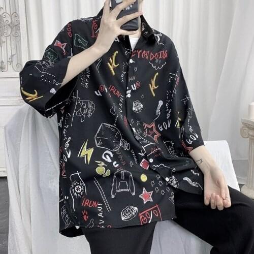 Ruffian-handsome-printed-shirt-mens-short-sleeve-summer-5-/-6-sleeve-Korean-fashion-handsome-loose-shirt-casual shirt harajuku