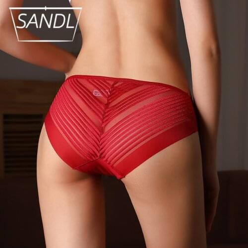 SANDL Womens Panties Lce Silk Underwear Sexy Striped Hollow Out Briefs Female Mid-Waist High-Elasticity Tanga Sensual Lingerie