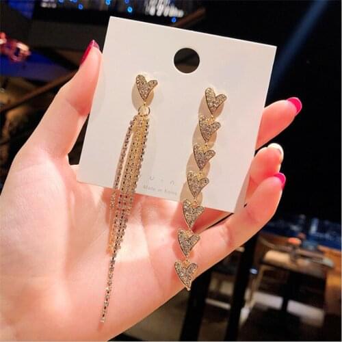 European American Type Earrings Asymmetric Tassels Golden Sliver Heart Shape Ear Studs