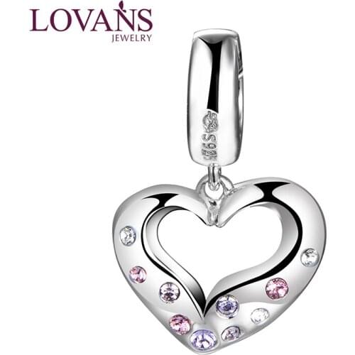 Chic Shiny Zircon Women Pendant Charms Silver 925 Beads Fit For C Bracelets Hollow Heart Pendants Charm Silver Bead