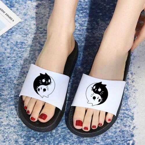 Women Summer Slippers Beach Slide Sandals Flip Flops Cartoon Black and white Cat print women shoes Casual Female Slippers