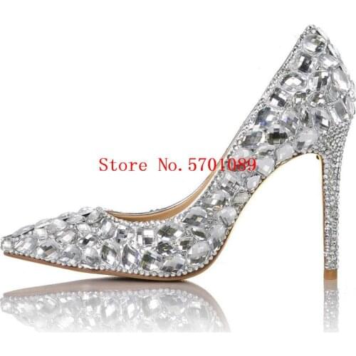 Handmade Pointed Toe Crystal Thin High Heel Pumps Bling Bling Colorful Rhinestone Wedding Shoes Shining Cinderella Glass Shoes