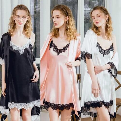 Spring Summer New 2 Pcs Set Women Pyjama Satin Sexy Silk Sleepwear Pajamas Lingerie Robe Sleepwear 2020 New Style Pizama Damska