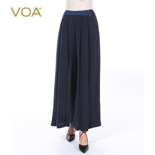 VOA Heavyweight Silk 30m/m Navy Blue Filler Tucker Pleats Splicing Side Zipper Natural Waist Wide Leg Culottes KE107