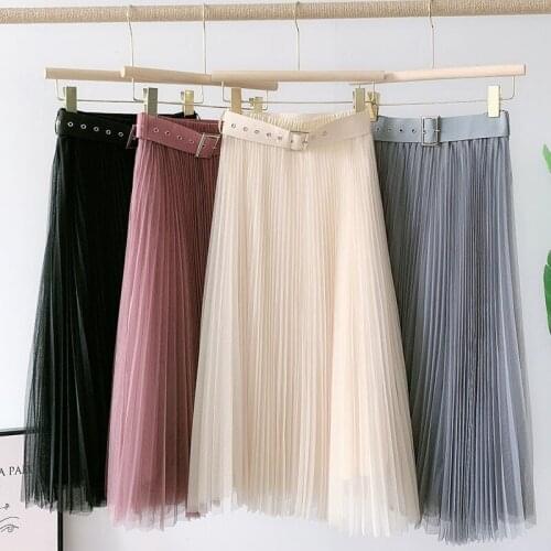 High Quality Spring Summer Vintage Tulle Skirt Women Elastic High Waist Mesh Midi Long Pleated Skirts Female Sashes Tutu Skirt