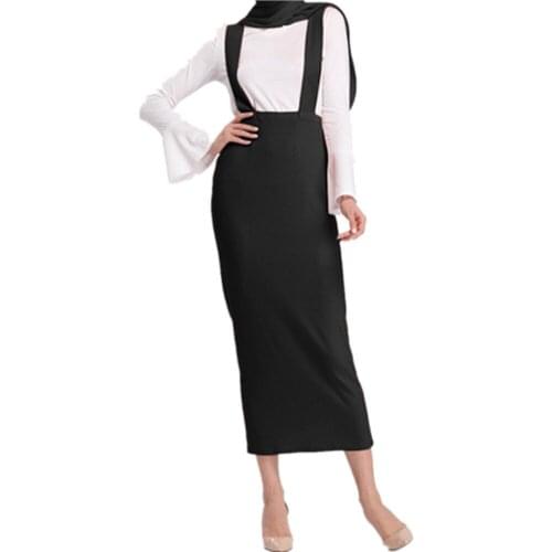 Long Bodycon Skirt With Strap Casual Stretch Pencil Skirt Black Muslim High Waist Skirts Women Two Shoulder Suspender Skirts