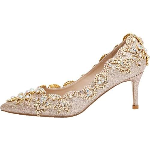 Womens Champagne Gold Bridal Shoes Rhinestones Wedding High Heels Stiletto 7cm Hot Pointed Toe Shoes