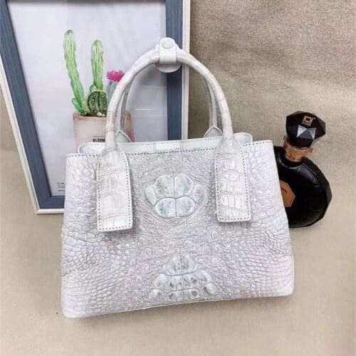 Exotic Genuine Alligator Leather Lady White Purse Female Single Shoulder Bag Authentic Crocodile Skin Womens Top-handle Handbag