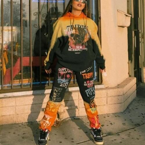 Hip Hop Skull Graffiti Letter Print Tracksuits Warm Winter Clothes Two Piece Sets Women Oversized Hoodie Long Pants Outfits 2021