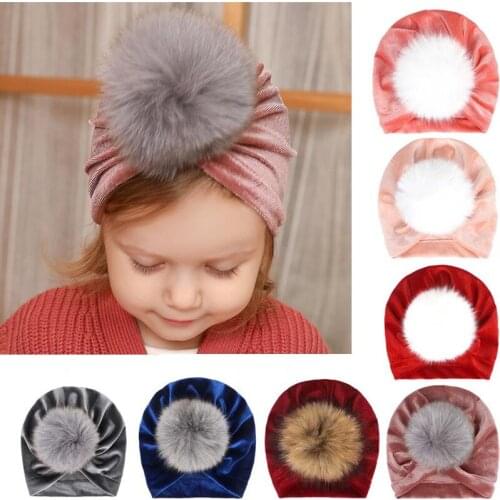 8 pcs/lot, Baby toddlers velvet turban hat with big pompom