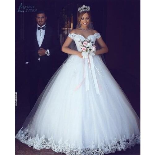 Long Sleeves Ball Gowns Wedding Dresses 2021 Lace up Appliques Vestidos De Noiva Off the Shoulder Tulle Bridal Gowns for Women
