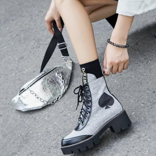 Martin boots womens autumn new British style black tie round head short boots muffin thick heels womens Boots