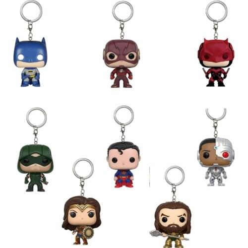 Funko pop Keychain Justice League - Batman, Aquaman, Flash, and Cyborg Action Figure Key Chain Collectible Model Toy