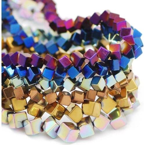 4/6MM Blue,Red,Gold,Green,Purple Diagonal Square Cube Hematite Natural Stone Spacer Loose Beads For DIY Jewelry Making Bracelet