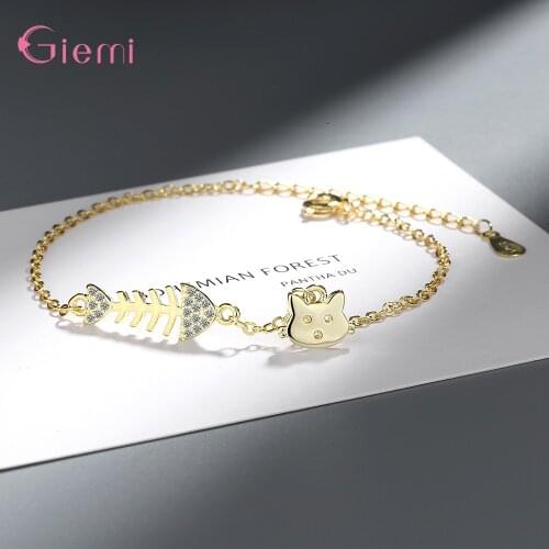 Big Discount Genuine 925 Sterling Silver Cat Fish Bones Shape Pendant Hand Chain Women Girls Lovely Bracelet Jewelry Accessory
