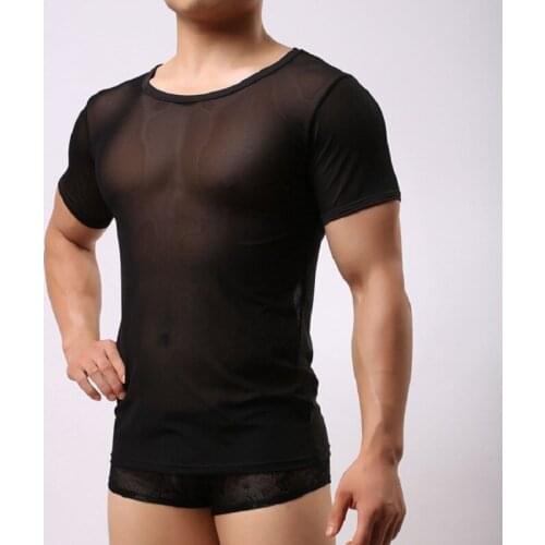 Men Short Sleeves Full Transparent Mesh T-Shirt Casual Fashion Sexy Tops Breathability Round Collar Tees Thin Type Black T Shirt