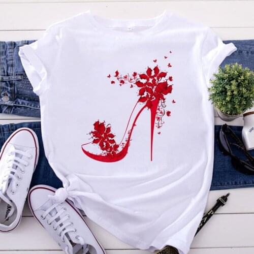 Red High Heels Print Women T-shirt Flower Pattern Top Female T Shirt 90s Harajuku O-neck Clothing Casual Ladies Tee Tops Shirts