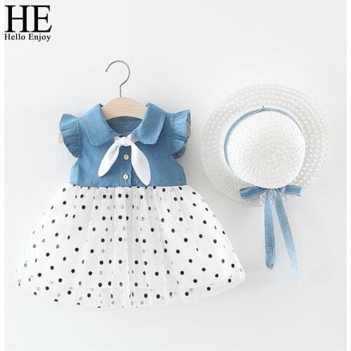 HE Hello Enjoy Baby Girls Dress Kids Ruffle Dresses Bow Hat Dot Casual Holiday Dresses Summer New Toddler Kids Pageant Dress