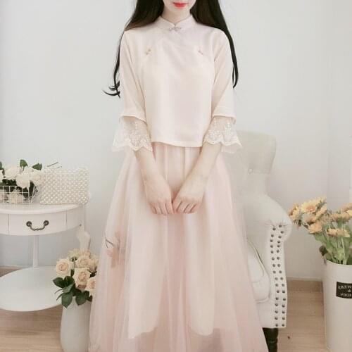 Kawaii Dress Suit Chinese Style Sweet Pink Set 2021 Summer New Stand Collar Mesh Stitching Tops + Mesh Skirt Hanfu Sets Vestidos