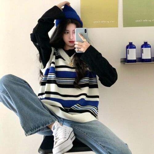 Contrasting color V-neck striped sweater Korean loose sleeveless vest vest sweater