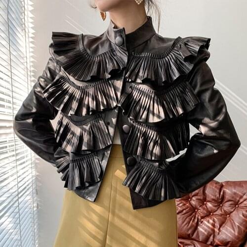 Fashion Ruffle Real Sheepskin Leather Jackets Women Spring Autumn 2021 Korean Simple Short Coat Female Cuero Genuino Zjt1987