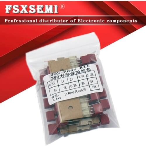 11values=55pcs Square Plastic Fuse Assortment Kit 392 0.5A 1A 2A 2.5A 3.15A 4A 5A 6.3A 8A 10A 15A 250V Fuses Slow Blow Tube set