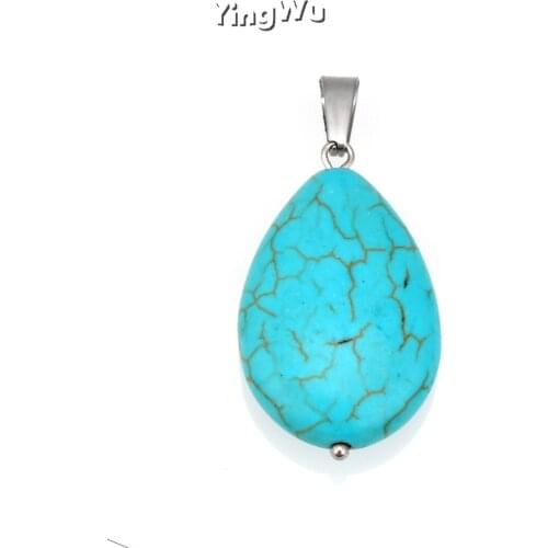 Yingwu Natural Gemstone Necklace Pendant 28mm Water Drop Pendant Blue Turquoise Stone Charms Jewelry