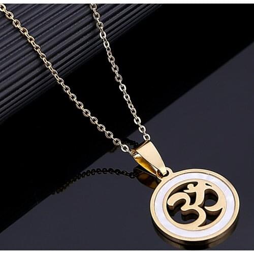 Stainless Steel Gold Color Round Yoga Pendant Necklace For Women Indian Hindoo OHM Hindu Buddhist AUM OM Jewelry
