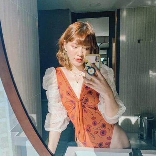 New Design Swimwear Womens Retro Fan Bubble Sleeves One-piece Bikini Ins Swimwear Bikini