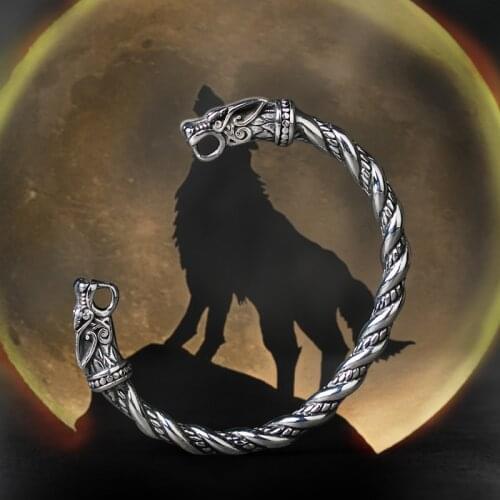 Viking Wolf Stainless steel open bangle for Unisex Open Cuff Twisted Pattern Carved
