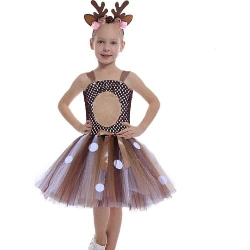 Christmas New Girls Cute Cartoon Deer Tutu Dress with Headband Children Princess Dress Halloween Cosplay Costumes
