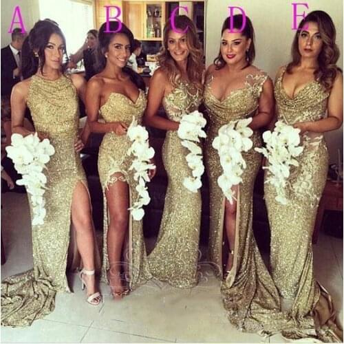 Sexy Sequins Bridesmaid Dresses Gold Bling Different Neckline Illusion Back High Split Dresses Sheath Long Prom Dresses