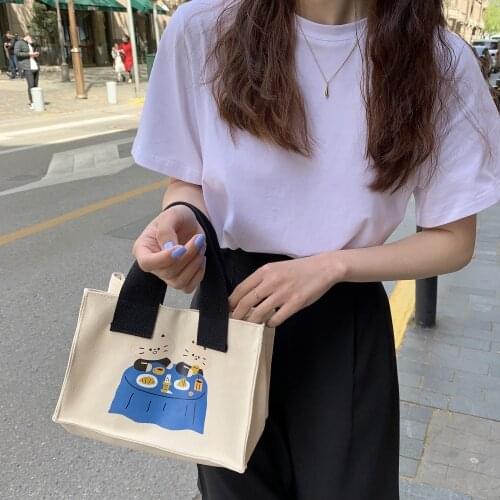 Cute Cartoon Lunch Box Bag Women Cotton Canvas Bag Small Reusable Shopping Bag Summer Students Schoolbag Ladies Handbag 2021